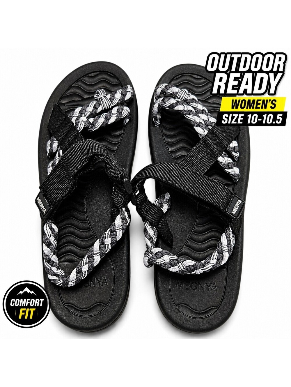 MEGNYA Sport Sandals women’s Size 42 Black Gray Rope Adjustable Outdoor Comfort